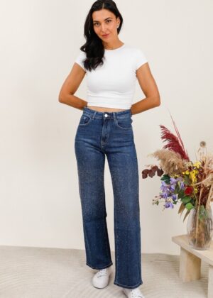 Jeans wide leg full strass belle taille