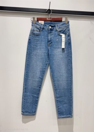 Jeans mom fit avec paillettes et sequins bleu stretch