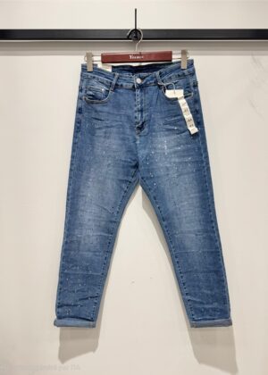 Jeans mom fit avec paillettes et sequins bleu stretch belle taille