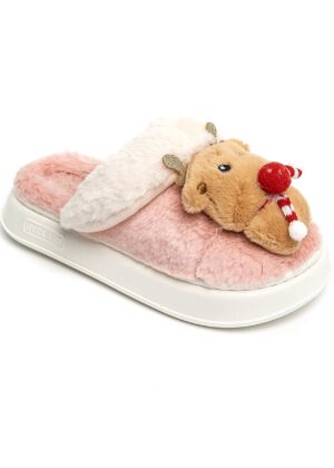 Chaussons pantoufles de noël peluche cerf rose