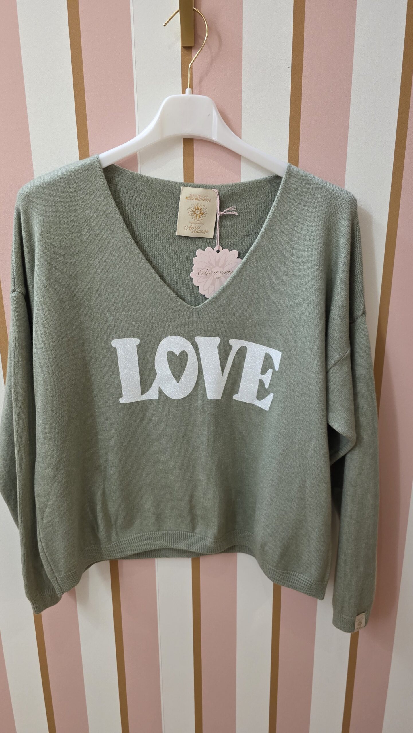 Pull April Vintage kaki LOVE pailleté col V