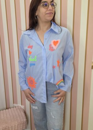 Chemisier April Vintage rayures bleu et blanc logos fluos