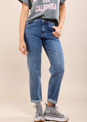 Jeans mom/ballon stretch revers full strass