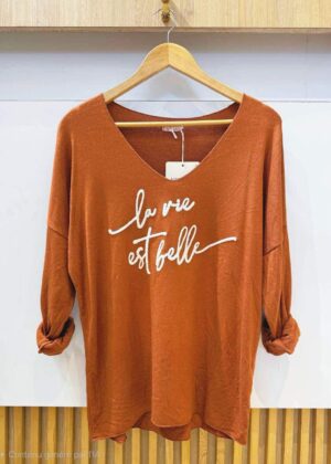 Pull fin la vie est belle rouille