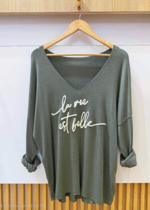 Pull fin la vie est belle kaki
