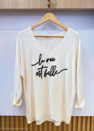 Pull fin la vie est belle écru grande taille