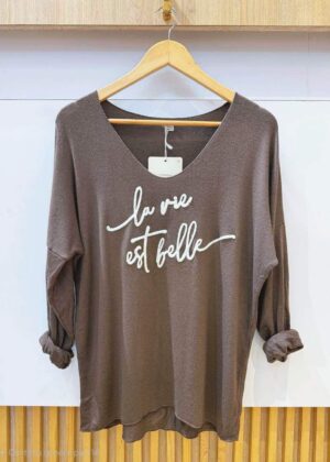 Pull fin la vie est belle marron