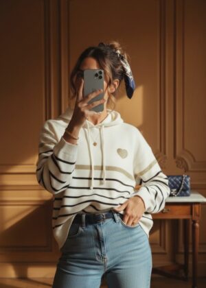 Pull April Vintage coeur rayures et capuche marron et or