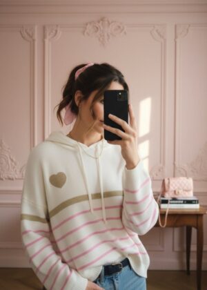 Pull April Vintage coeur rayures et capuche rose et or