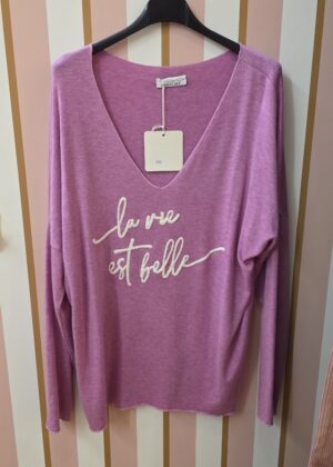 Pull fin la vie est belle rose