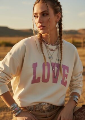 Sweat April Vintage love pailleté écru délavé