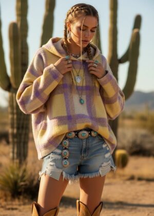 Maxi sweat April Vintage carreaux  et capuche mauve et jaune oversize