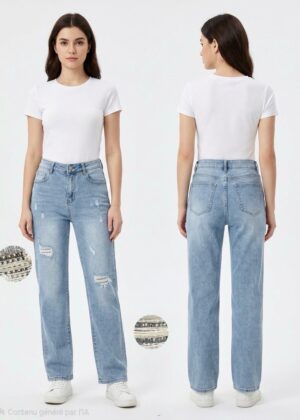 Jeans bleu wide leg déchiré avec strass en grande taille