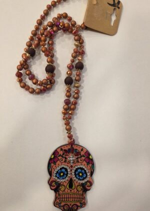 Sautoir tête de mort perles bronze