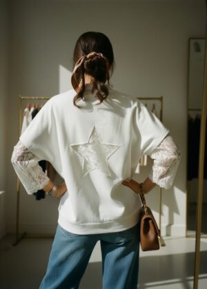 Sweat April Vintage dentelle étoile blanc
