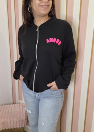 Veste style bombers noir amour rose fluo