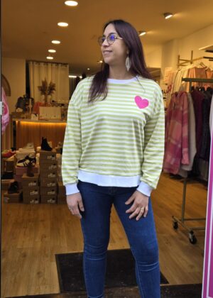 Pull fin April Vintage rayé vert coeur