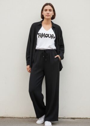 Pantalon grande taille noir gaze de coton