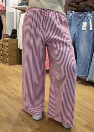 Pantalon lin rayures rose