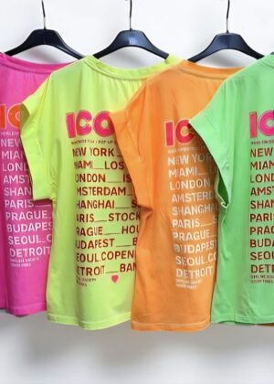 Tee-shirt iconic villes dans le dos jaune et rose fluo