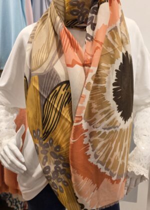 Foulard écharpe fine fleurs beige corail