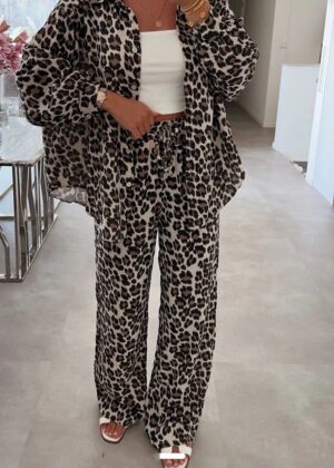 Pantalon gaze de coton léopard grande taille marron