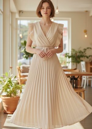 Robe cérémonie longue plissée beige froufrou