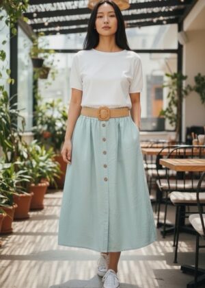 Jupe longue boutons et ceinture vert d'eau