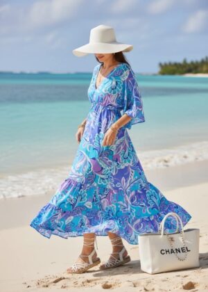 Robe April Vintage petites manches bleu et lilas