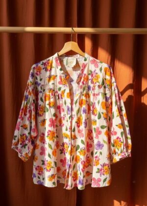 Blouse April vintage fleurs orange lilas et rose