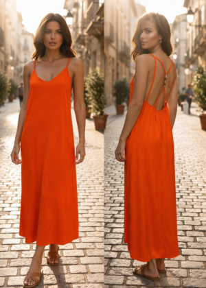 Robe orange longue bretelles et perles dans le dos