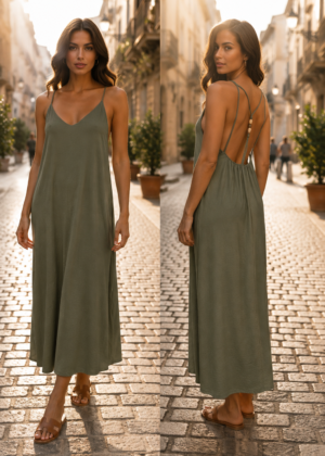 Robe kaki longue bretelles et perles dans le dos