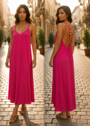 Robe rose longue bretelles et perles dans le dos
