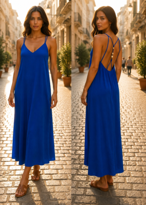 Robe bleue longue bretelles et perles dans le dos