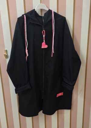 Veste Coupe-Vent parka mi-Longue à Capuche noir et rose fluo