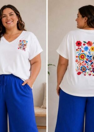 Tee-shirt grande taille col v fleurs multicolores