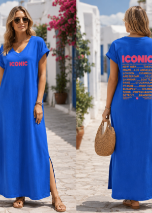 Robe longue bleu roi fendue sur le côté avec imprimé ICONIC