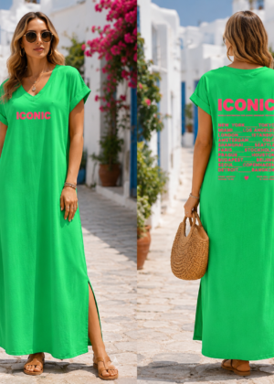 Robe longue vert fendue sur le côté avec imprimé ICONIC