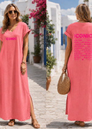 Robe longue corail fendue sur le côté avec imprimé ICONIC