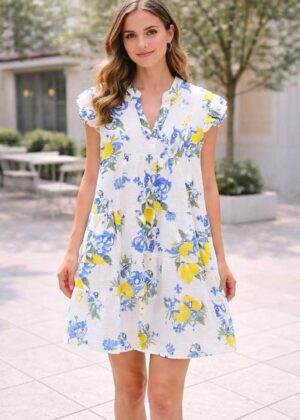 Robe courte en gaze de coton avec imprimé citron