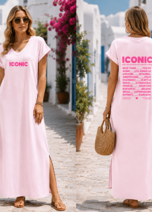 Robe longue rose clair fendue sur le côté avec imprimé ICONIC