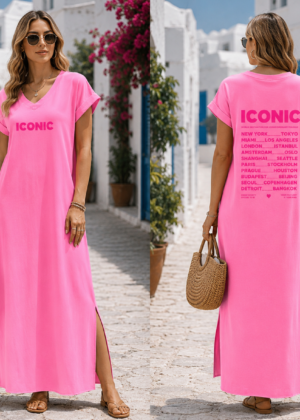 Robe longue fushia fendue sur le côté avec imprimé ICONIC grande taille