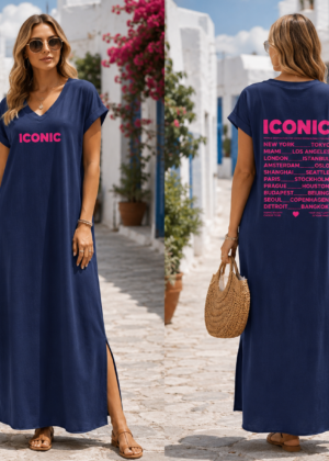 Robe longue bleu marine fendue sur le côté avec imprimé ICONIC
