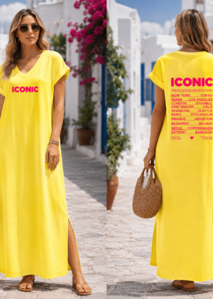 Robe longue jaune fendue sur le côté avec imprimé ICONIC