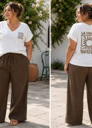 T-shirt grande taille col V avec imprimé LE SOLEIL léopard