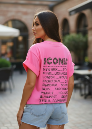 Tee-shirt iconic villes dans le fuchia et léopard