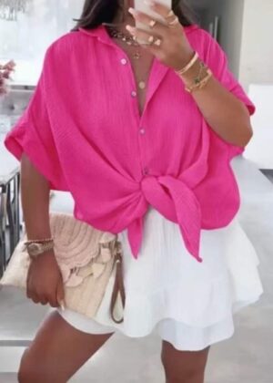 Blouse fuchia oversize en gaz de coton, se porte nouée ou longue