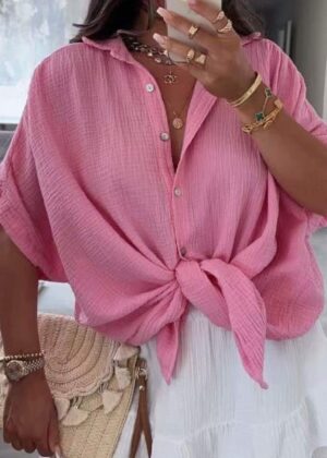 Blouse rose oversize en gaz de coton, se porte nouée ou longue