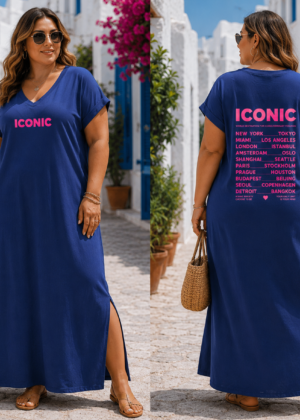 Robe longue grande taille bleu marine fendue sur le côté avec imprimé ICONIC