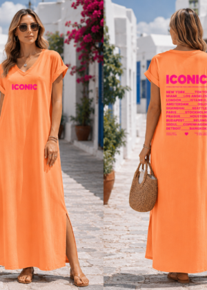 Robe longue saumon fendue sur le côté avec imprimé ICONIC